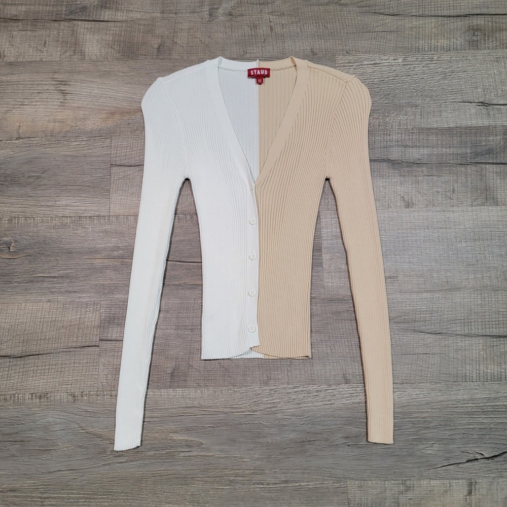 STAUD Womens XS Two Tone Colorblock Rib Knit Cardigan Tan White Long Sleeve Top